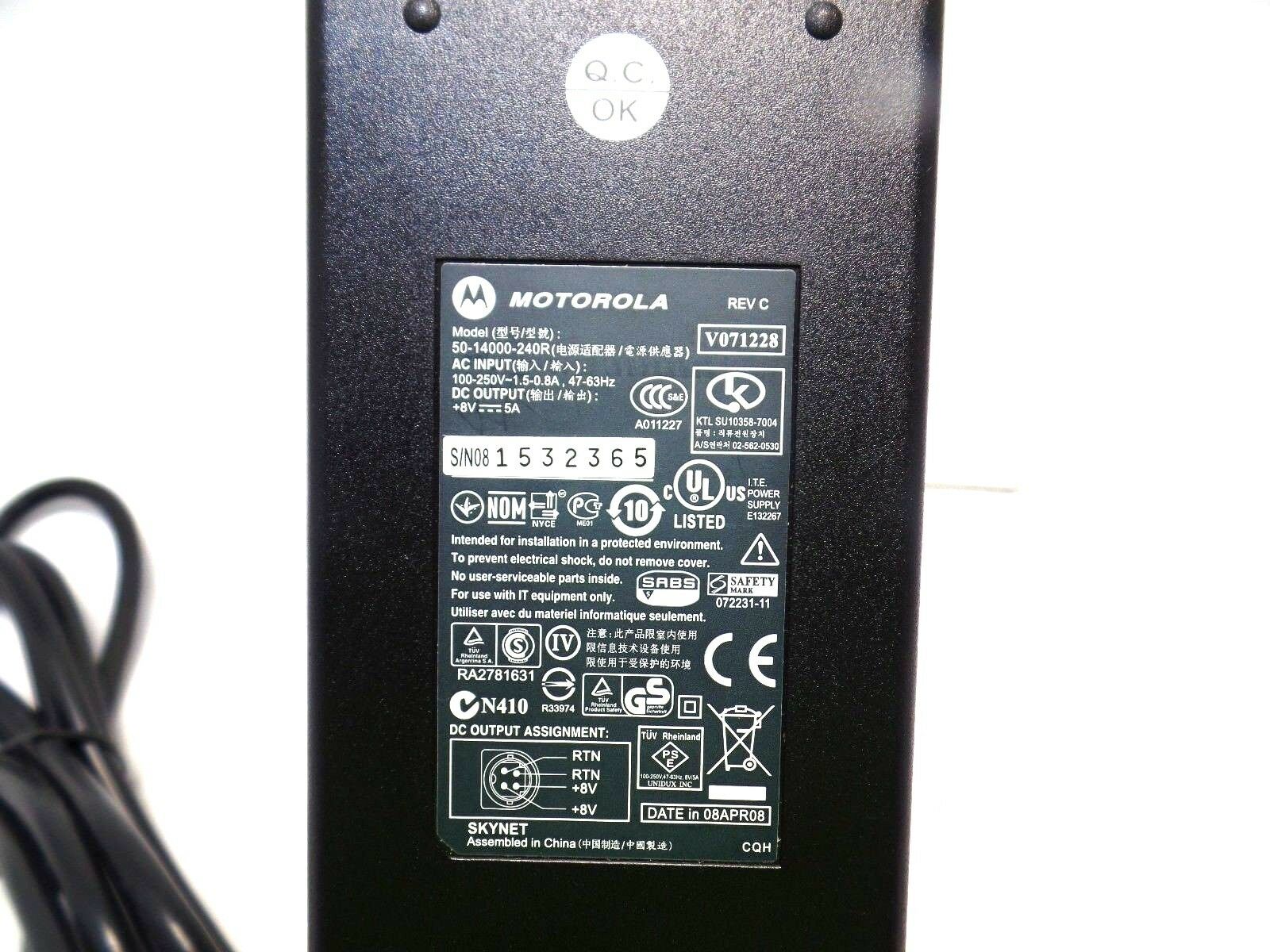 Genuine Motorola 50-14000-240R AC 100-250V 1.5-0.8A DC +8V 5A Power Adapter Speci Genuine Motorola 50-14000-240R AC 100-250V 1.5-0.8A DC +8V 5A Power Adapter Speci