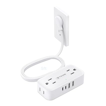 Flat Plug Power Strip 5FT, Small Flat Extension Cord with Multiple Outlets, 4 AC a Flat Plug Power Strip 5FT, Small Flat Extension Cord with Multiple Outlets, 4 AC a