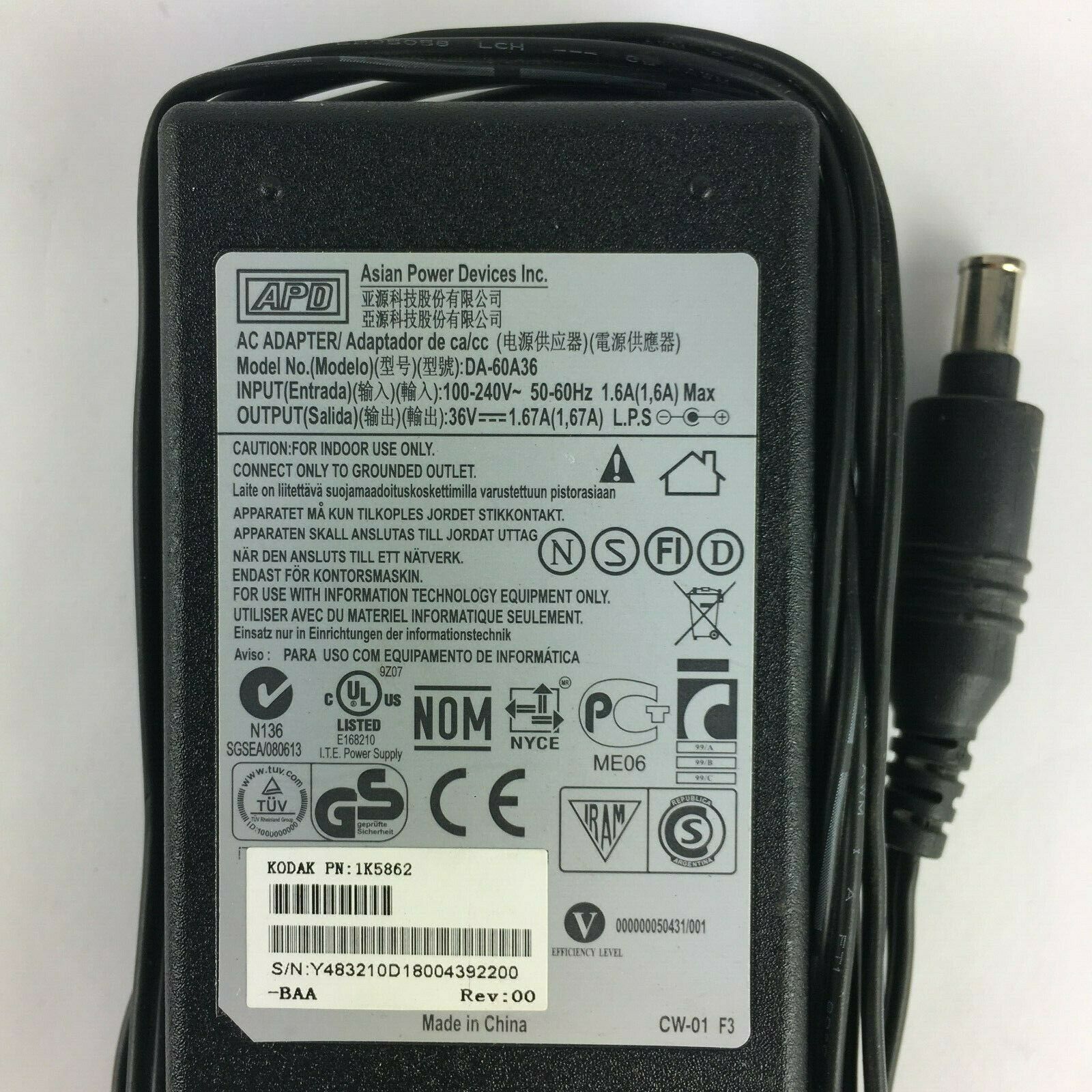 Genuine Kodak DA-60A36 1K5862 Output 36V 1.67A Power Supply Adapter A1 Compatible Genuine Kodak DA-60A36 1K5862 Output 36V 1.67A Power Supply Adapter A1 Compatible