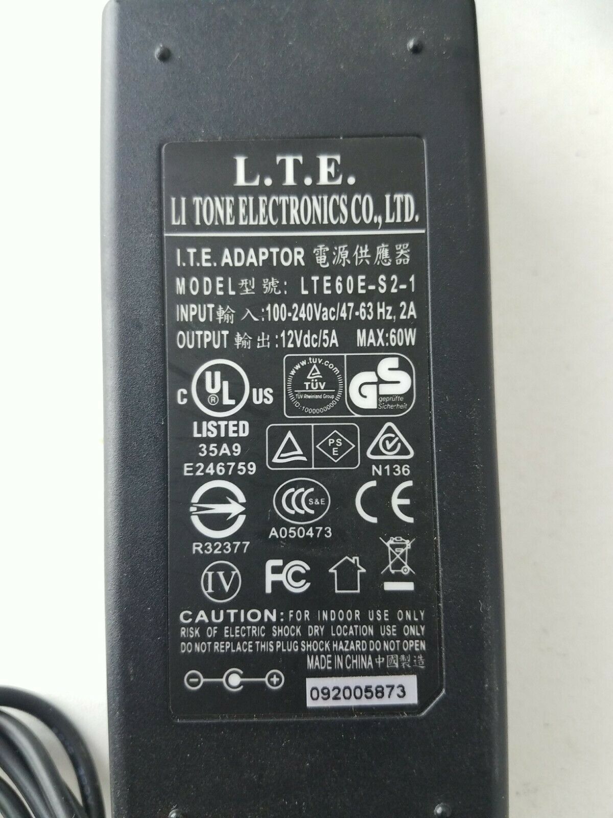 Li Tone Adaptor LTE60E-S2-1 12V DC 5 A Power Supply Type: AC/DC Adapter Featur Li Tone Adaptor LTE60E-S2-1 12V DC 5 A Power Supply Type: AC/DC Adapter Featur