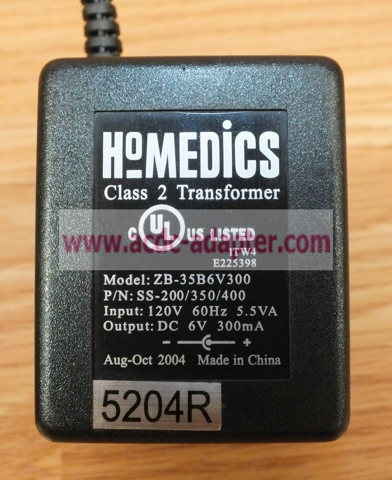 New Homedics 6V 300mA ZB-35B6V300 SS-200/350/400 Class 2 Transformer Power Supply New Homedics 6V 300mA ZB-35B6V300 SS-200/350/400 Class 2 Transformer Power Supply